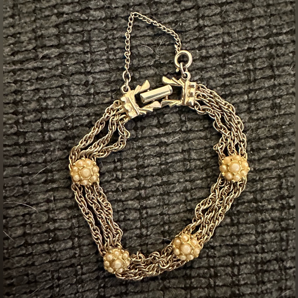 Vintage Goldette Ny Gold Plated And Faux Pearl Link Bracelet Mid Century
